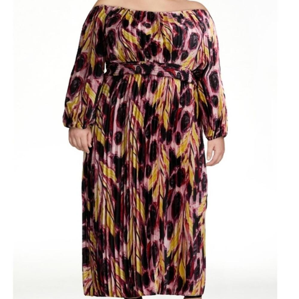Terra & Sky Black Label Women's Plus Size Pleated Off the Shoulder Midi Dress 2X